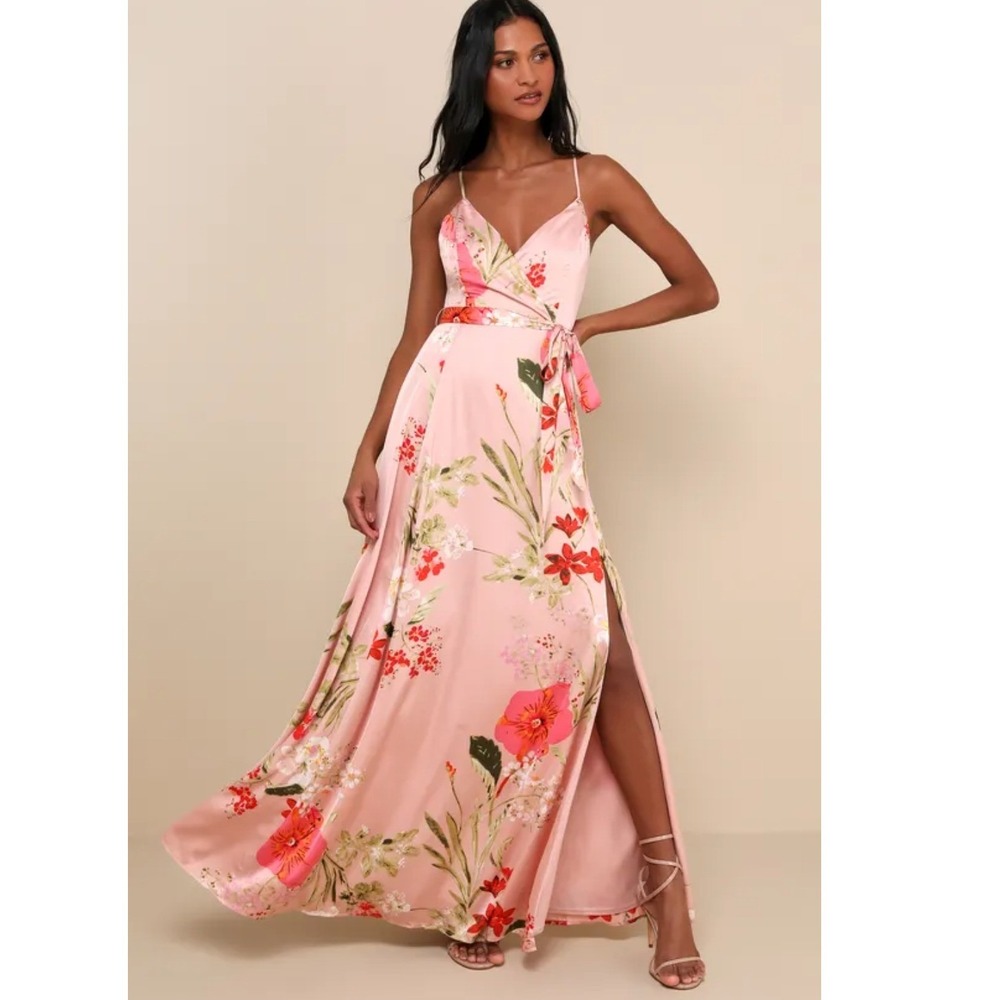 Lulus Still The One Blush‎ Pink Floral Satin  Strappy open back Maxi Dress XS